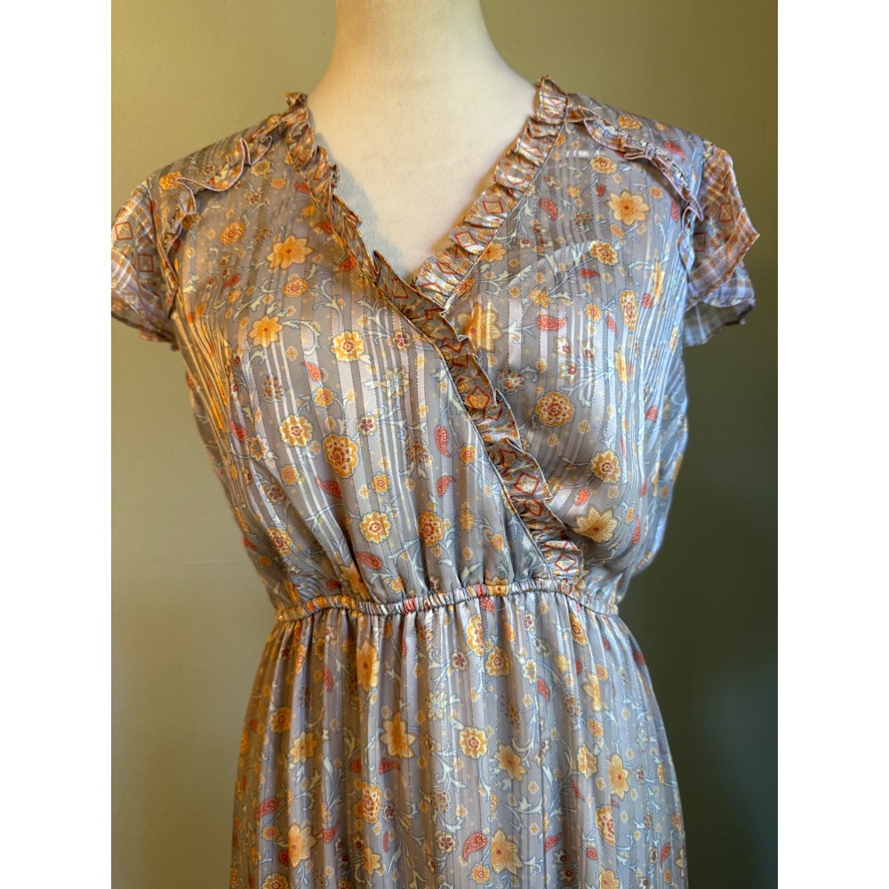 Current Air boho Floral Metallic Pleated Tiered Midi Dress Sm whimsigoth fairy - Picture 4 of 7